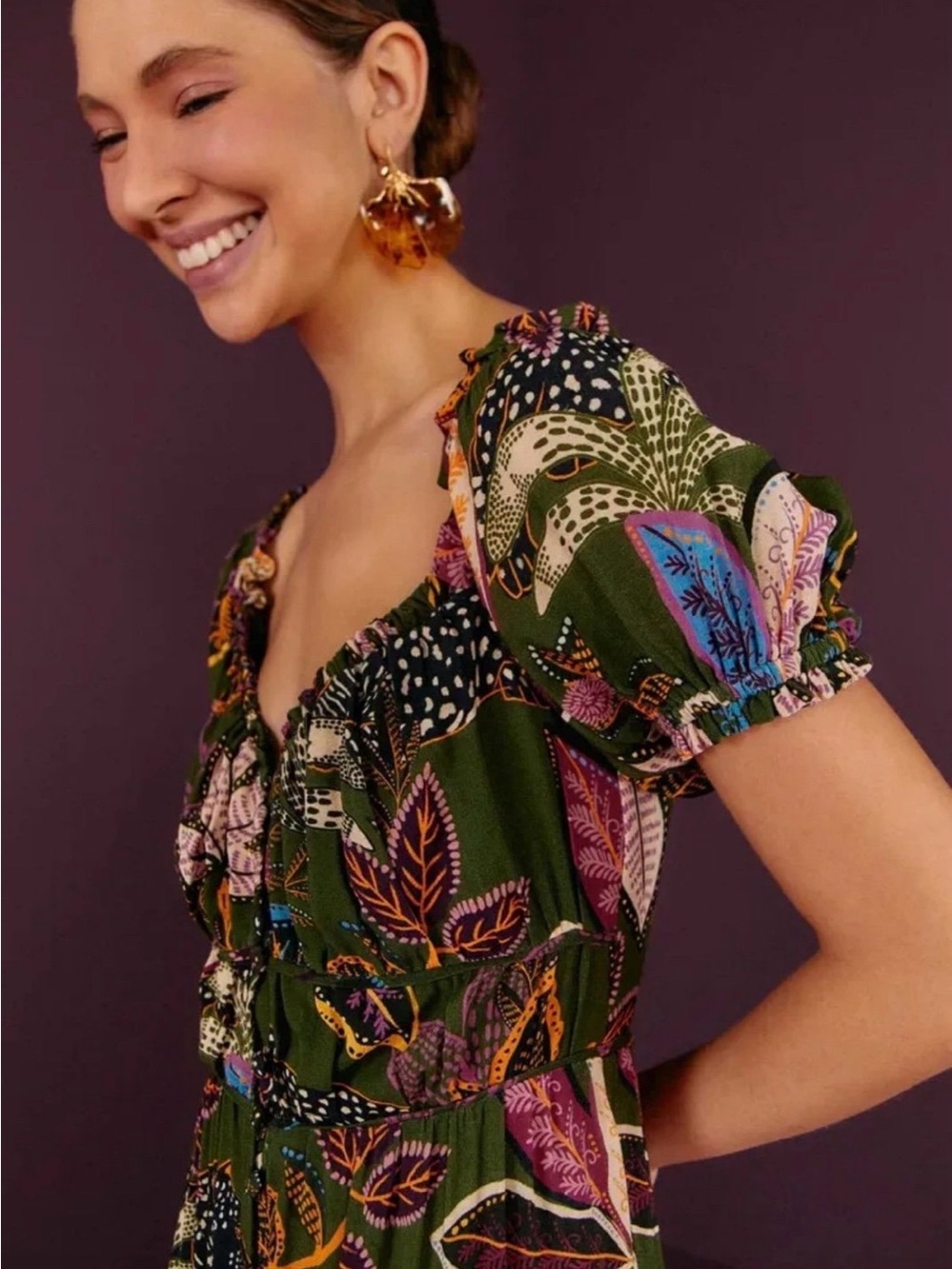 FARM Rio Olive Green Floral Tiered Maxi Dress with Pink & Purple Accents - Picture 2 of 5